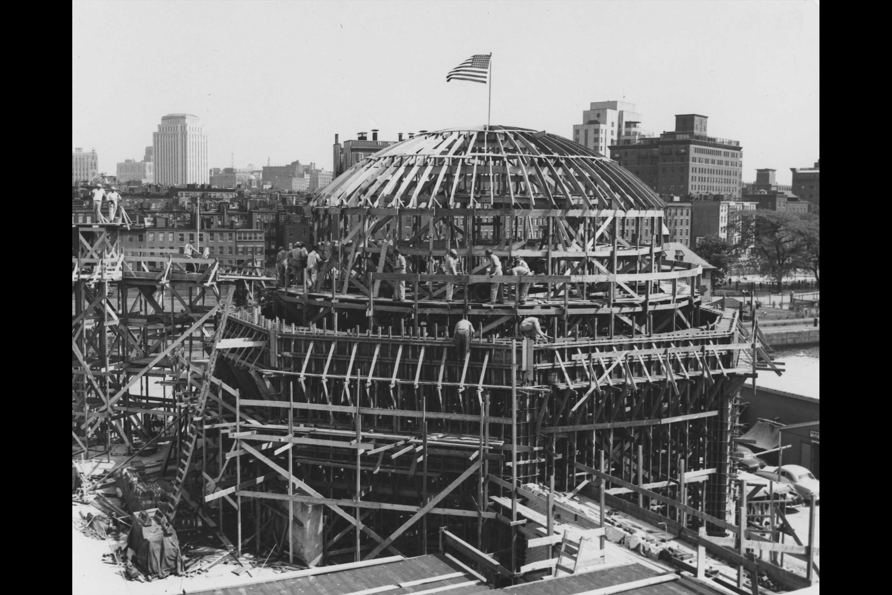Planetarium Construction. This is a photograph of the construction of the Charles Hayden Planetarium dome.