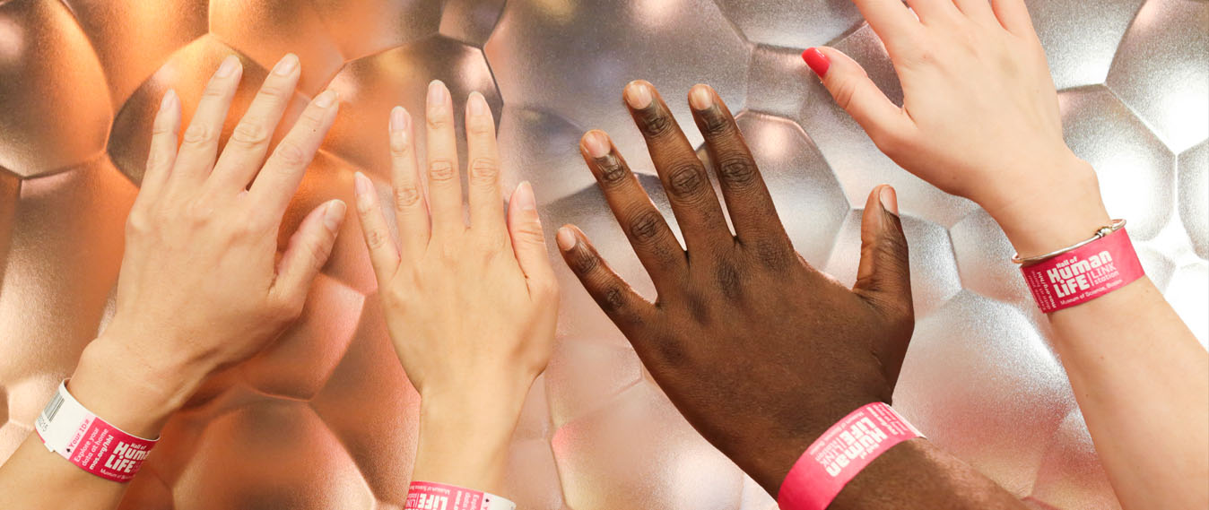 Many hands wearing wristbands